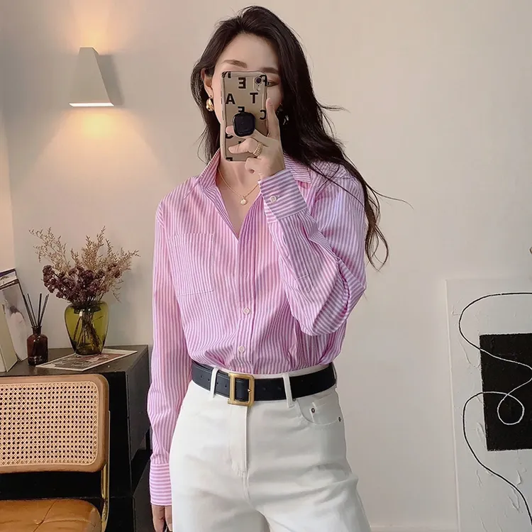 粉色条纹衬衫女款外穿独特漂亮的衬衣时尚通勤女款高级感小众上衣