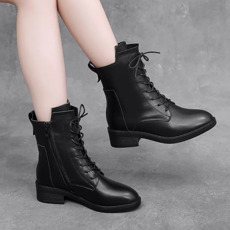 英伦风真皮马丁靴女秋冬季秋加绒鞋女靴子秋冬低跟单靴圆头短靴