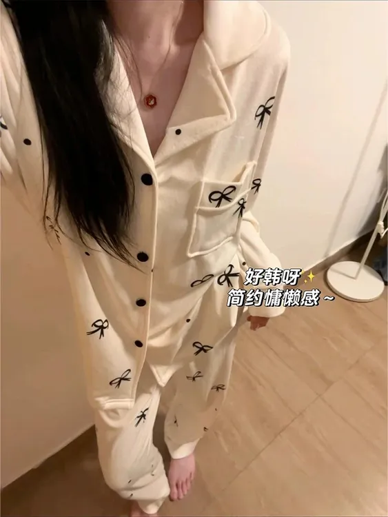 波点蝴蝶结海岛绒睡衣女套装冬季加绒加厚高级可爱家居服可外穿