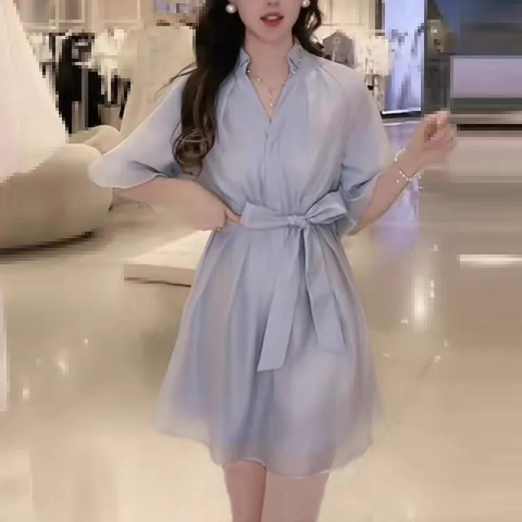 SYVMODA夏季新款v领亮丝面料泡泡袖系腰带气质连衣裙收腰洋气裙子