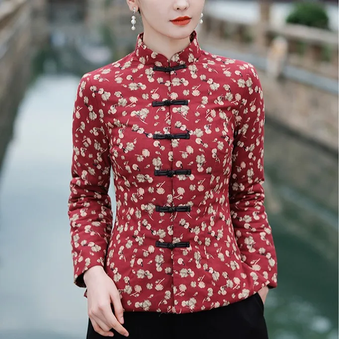 唐装新中式盘扣立领棉服上衣秋冬新款中国风复古碎花加棉长袖外套