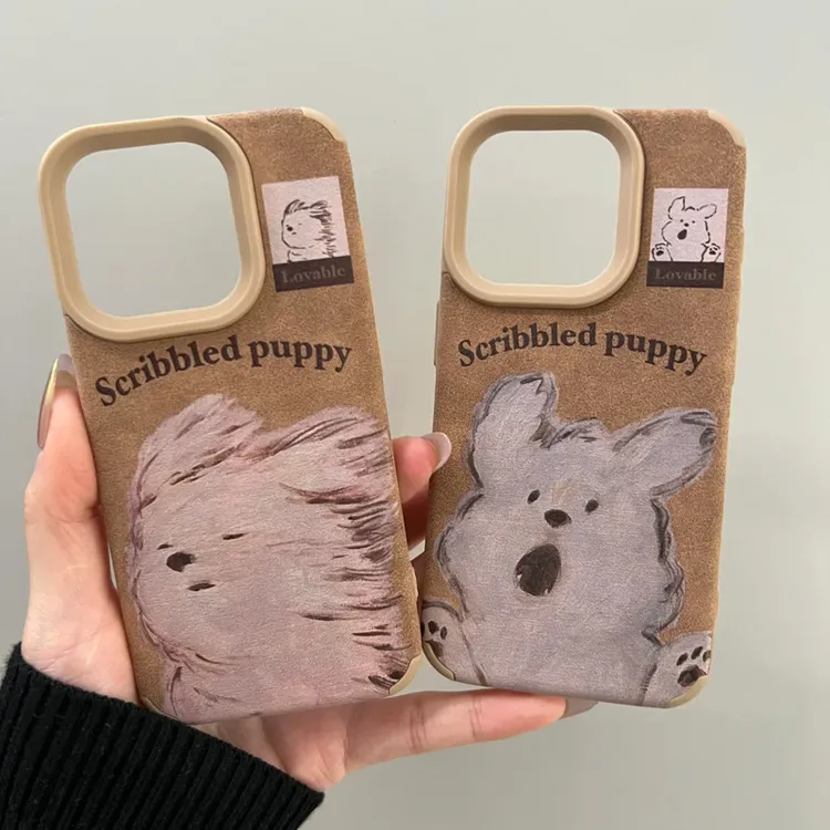 BANCA翻毛皮棕色情侣小狗适用苹果16/15手机壳iPhone14高级13软12