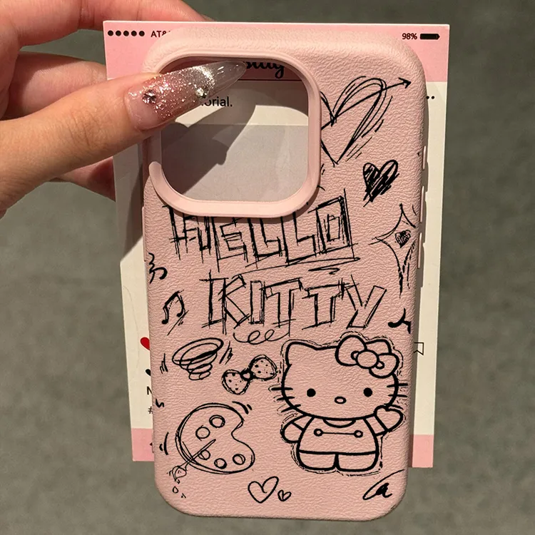 BANCA可爱素描kitty猫适用苹果16promax手机壳15plus荔枝纹14/13