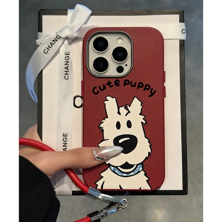 BANCA红色皮纹狗狗皮绳适用苹果16promax手机壳iPhone15新款14/13