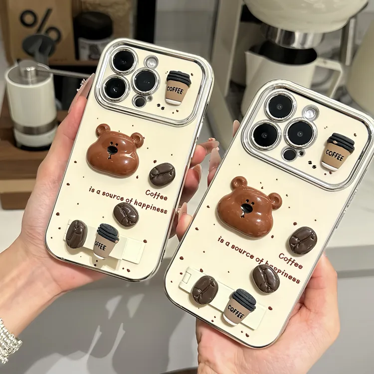 BANCA立体咖啡小熊支架适用苹果15/13女华为p70/vivo小米14手机壳
