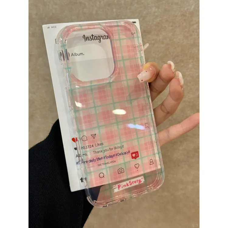 BANCA粉色格纹拼接适用iPhone16promax手机壳苹果15/14透明13软12