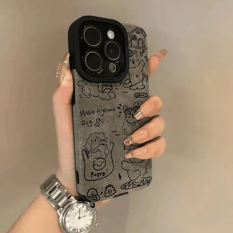BANCA涂鸦线条小狗适用苹果16pro手机壳iPhone15翻毛皮14高级13软