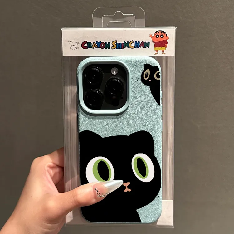 BANCA大眼黑猫荔枝纹适用苹果16手机壳iphone15/14promax磨砂13套