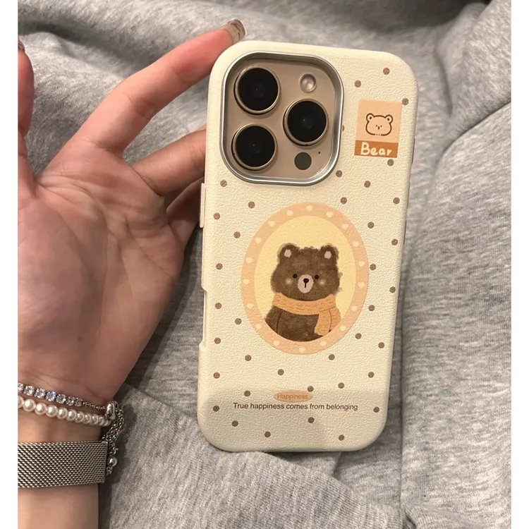 BANCA冬季波点围巾熊适用苹果16手机壳iphone15/14金属框13皮纹12