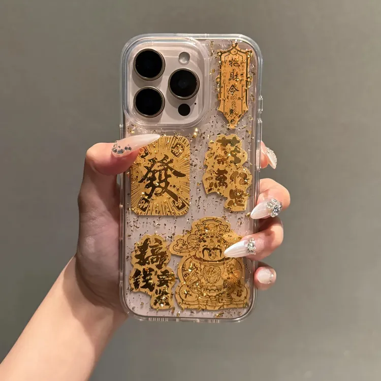 BANCA大孔金箔滴胶财神爷适用苹果16/15/14pro手机壳13/12透明11