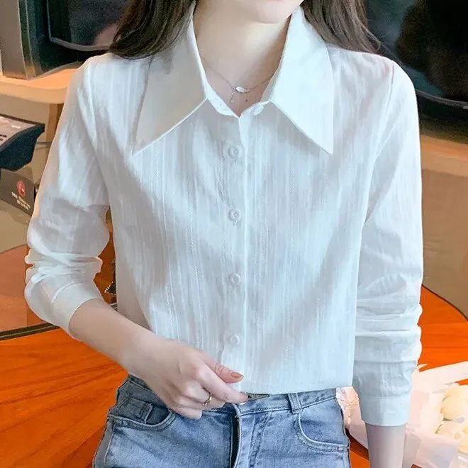 2024春秋季新款长袖衬衫气质纯棉白衬衫洋气百塔韩系翻领衬衣上衣