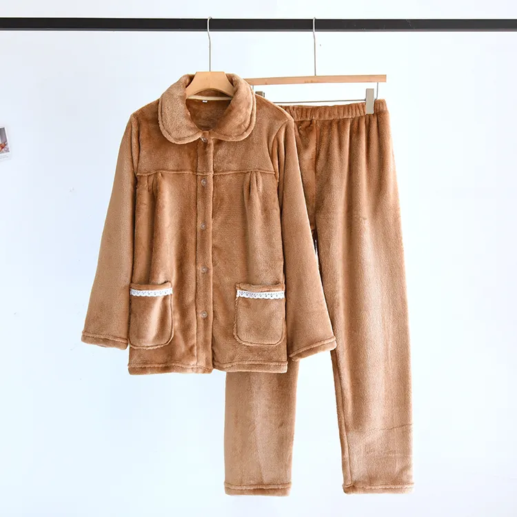 【冬季清仓法兰绒套装】女士纯色素色花边款女款冬季睡衣两件套010