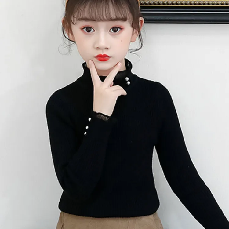 女童毛衣春秋厚款打底衫儿童黑色2025年秋冬内搭中大童针织衫加绒