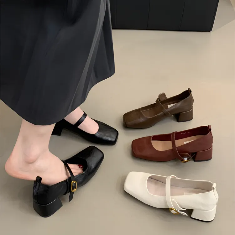 复古方头浅口粗跟单鞋女鞋春秋新款法式晚风玛丽珍时尚软皮小皮鞋