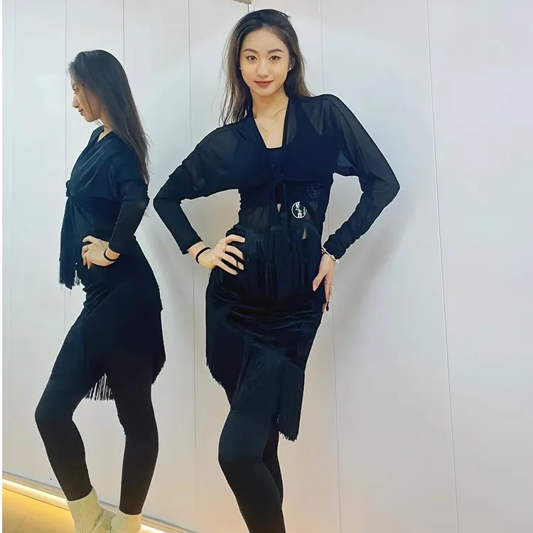 艺鑫舞服新品成人性感网纱流苏上衣拉丁舞长袖练功服