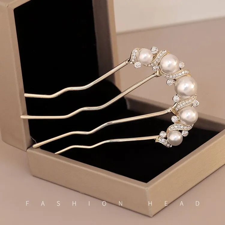 新款后脑勺发钗古风插梳发卡新中式珍珠发饰U型发簪盘发神器发梳