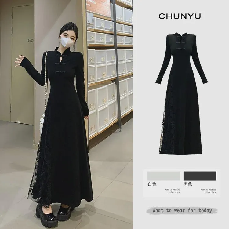 2024大码日常可穿新中式女装国风盘扣改良收腰拼接网纱蕾丝旗袍连