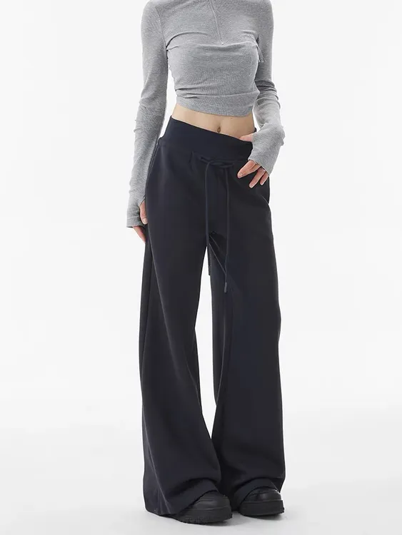 宽松直筒阔腿裤女藏青色抽绳松紧腰春夏款休闲长款拖地卫裤2025春