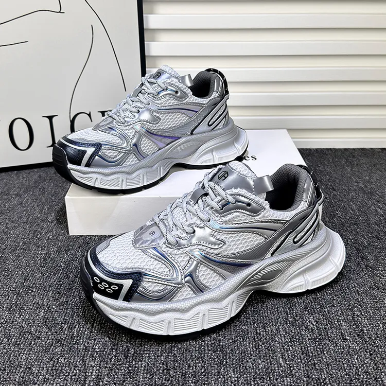 厚底银色老爹鞋女ins潮2024秋季新款百搭透气复古擦色休闲运动鞋
