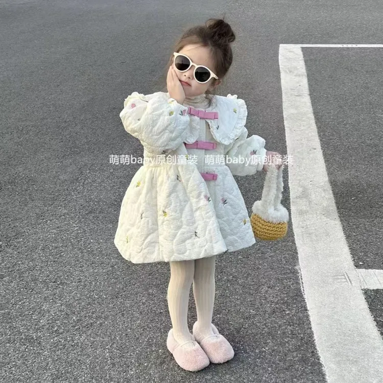 女童2025童装韩版冬季娃娃领棉服新款儿童刺绣碎花夹棉连衣裙外套