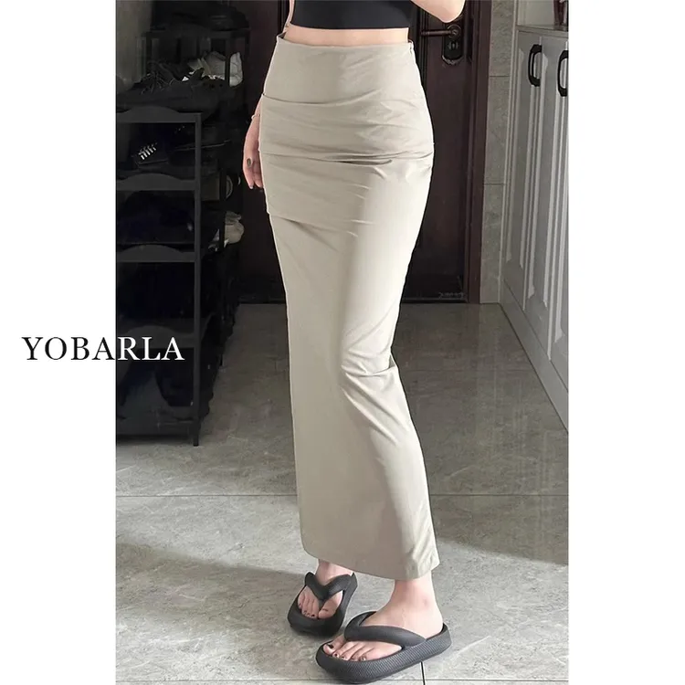 YOBARLA卡其色开叉工装半身裙女高腰秋季遮肉显瘦中长款包臀裙子