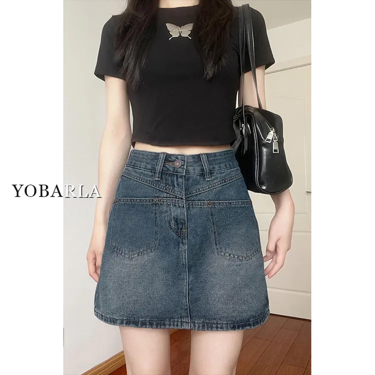 复古高腰牛仔短裙女夏季新款大码宽松遮肚显瘦梨形身材a字半身裙