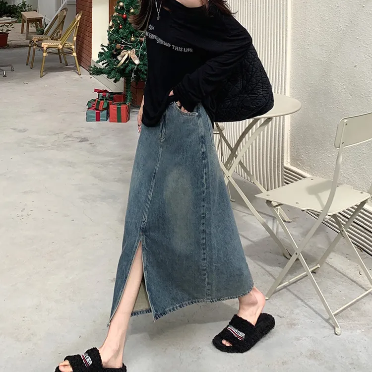 YOBARLA复古蓝开叉牛仔半身裙女秋冬高腰显瘦大码中长款遮胯a字裙