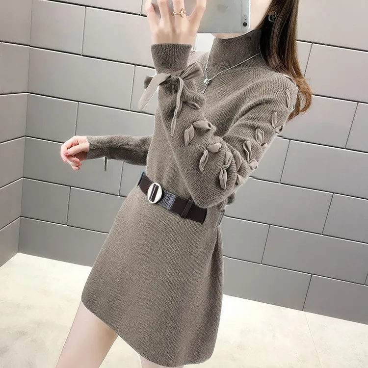 LY5097中长款毛衣女新款秋冬宽松半高领外穿毛衣裙加厚针织打底衫