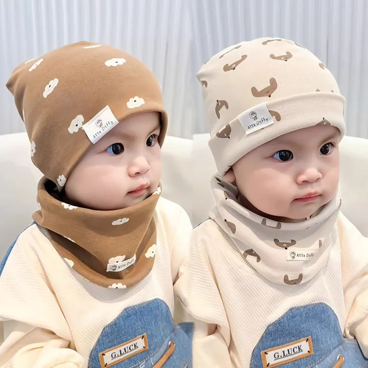 儿童帽子围脖两件套秋冬夏季宝宝套头帽子春秋季纯棉婴幼儿套装