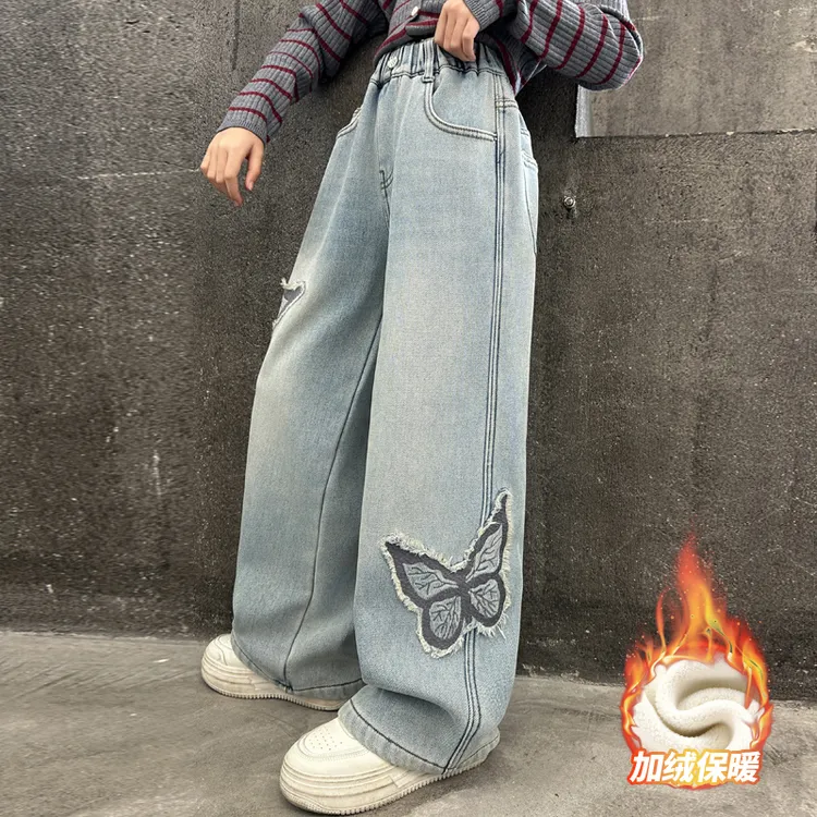 女童秋冬款牛仔裤2024新款女大童洋气加绒阔腿裤儿童冬季直筒裤12