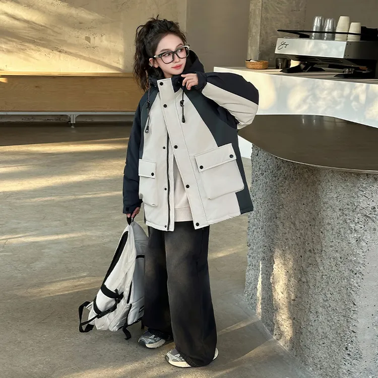 女童棉衣秋冬2024新款中大童拼色派克服夹棉外套加厚洋气冲锋衣潮