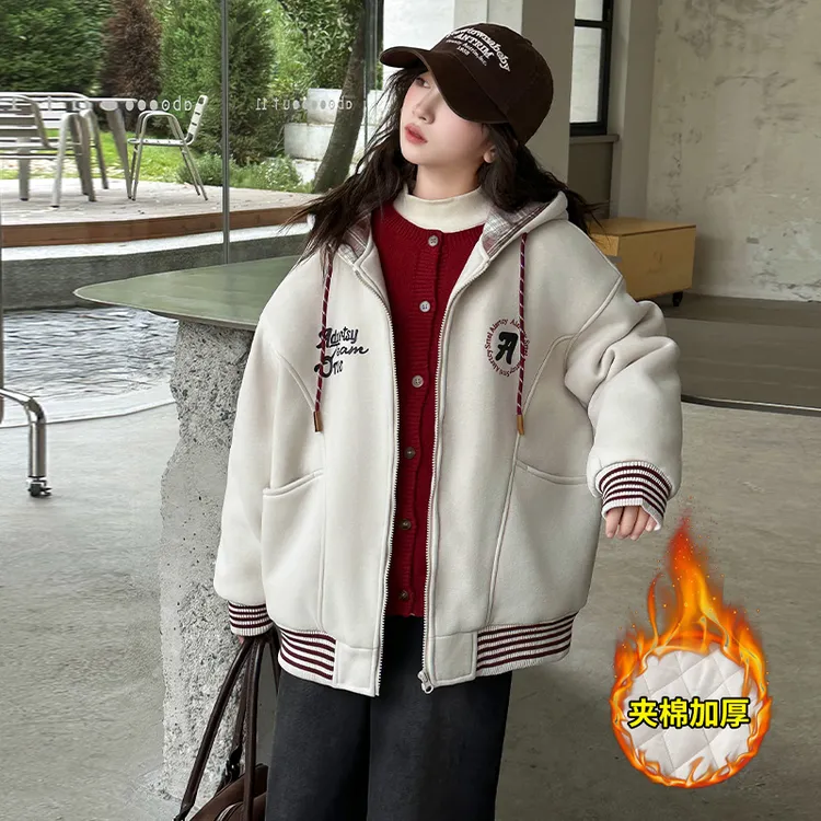 女童秋冬款夹棉棒球服外套2024新款女大童加厚卫衣儿童休闲上衣潮