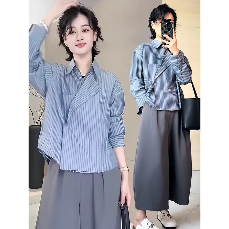 设计感长袖条纹衬衫初秋季新款宽松休闲叠穿显瘦不规则设计感上衣