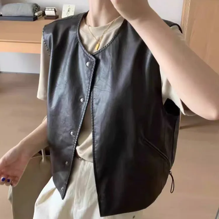 叠穿软皮马甲女秋冬设计感小众复古休闲百搭洋气无袖坎肩马夹外套