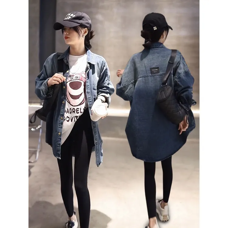 渐变水洗牛仔衬衫女士时尚通勤早春秋冬新款宽松显瘦加绒加厚外套