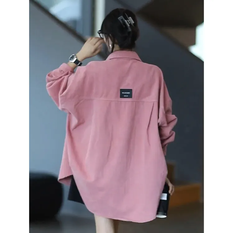 外搭纯色衬衫女宽松中长款韩版港味休闲加厚叠穿衬衣外套慵懒风潮