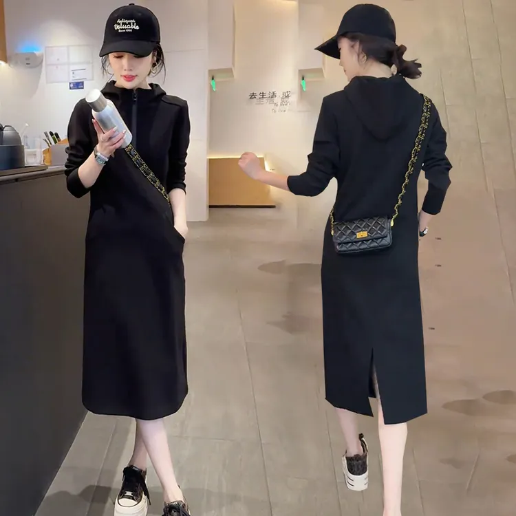欧韩时尚连帽连衣裙女春秋季新款宽松t恤卫衣裙显瘦中长款直筒裙