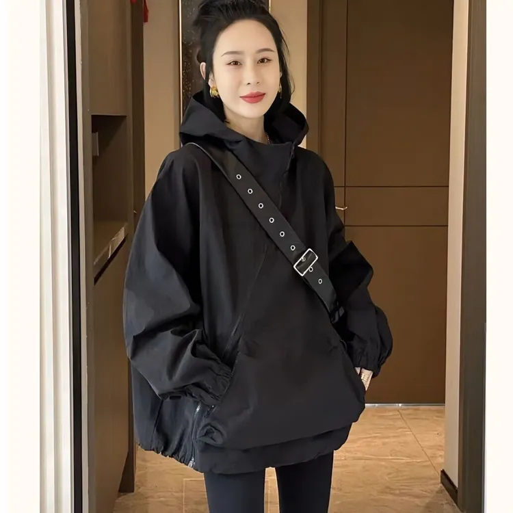 欧货休闲斜拉链新款韩版女连帽春秋外套宽松小众设计感时尚冲锋衣