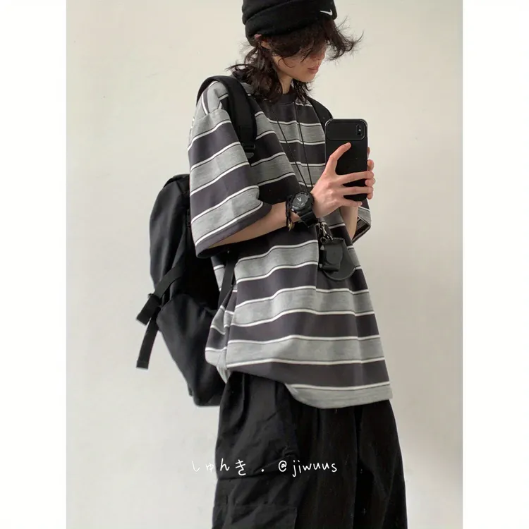 日系复古重磅条纹圆领短袖T恤男女生夏季宽松撞色小领口套头衫潮