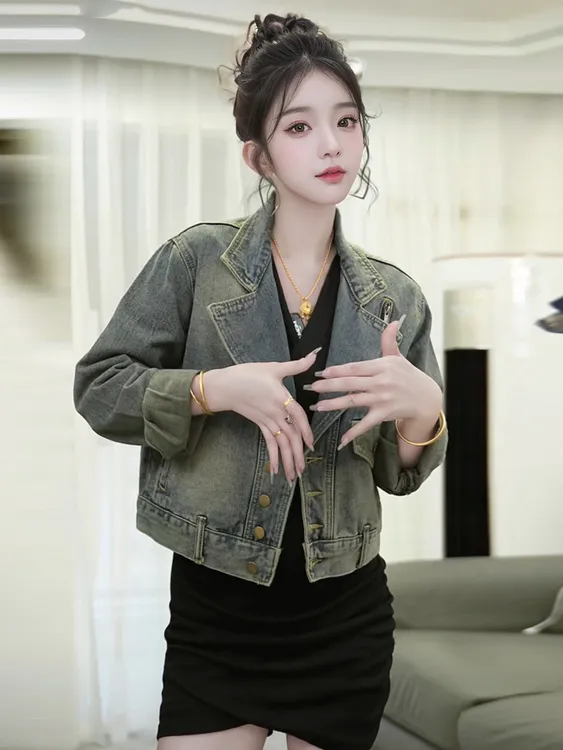 复古休闲牛仔外套女春秋宽松设计个性短款复古小个子时尚上衣夹克