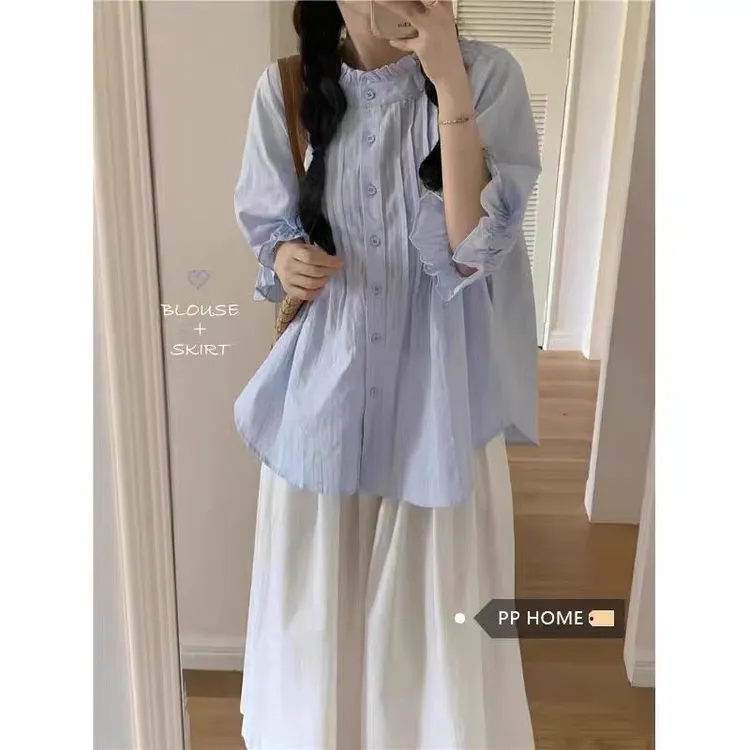 【全额运费补贴】【卡码拍小】泡泡袖花边立领衬衫女夏季甜美法式褶皱