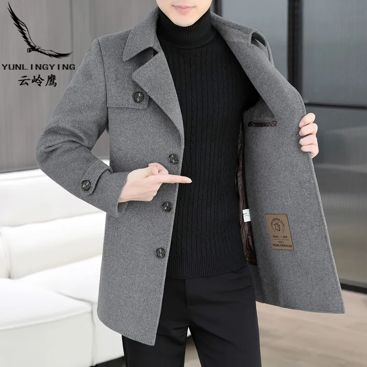 yunlingying/云岭鹰毛呢大衣男中年中长款绵羊毛呢子双面呢外套