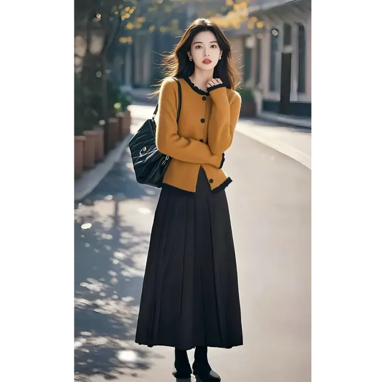 流行秋冬季穿搭慵懒高级感超好看黄色设计感厚毛衣女2025新款套装