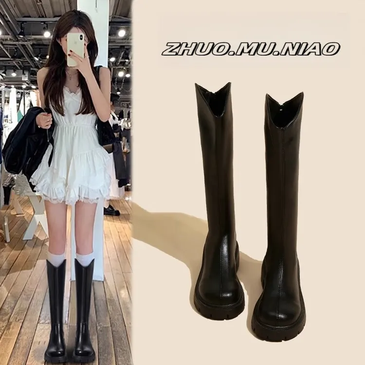 啄木鸟马丁靴女长筒靴女新款秋冬厚底高筒靴胖MM骑士靴子女长筒靴