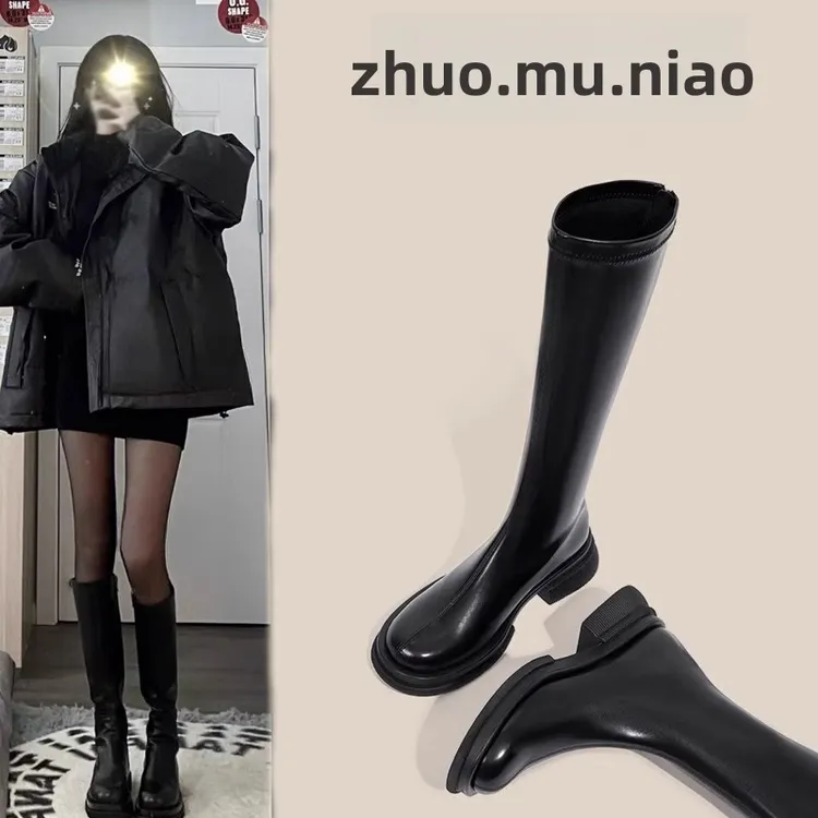 啄木鸟高筒靴女秋百搭平口长筒靴厚底骑士靴小个子不过膝长时尚靴