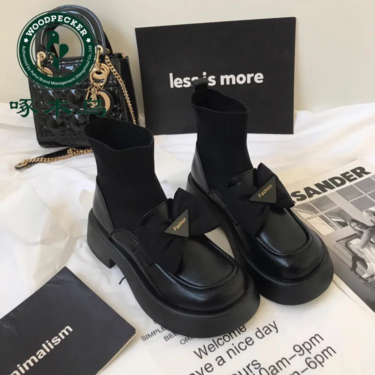 啄木鸟厚底马丁靴女英伦风连袜靴小皮鞋2025秋冬新款百搭瘦瘦短靴