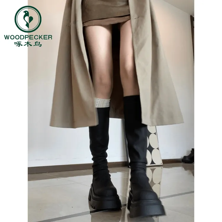 啄木鸟厚底高筒靴女新款秋冬韩版瘦瘦靴小个子长筒靴不过膝堆堆靴