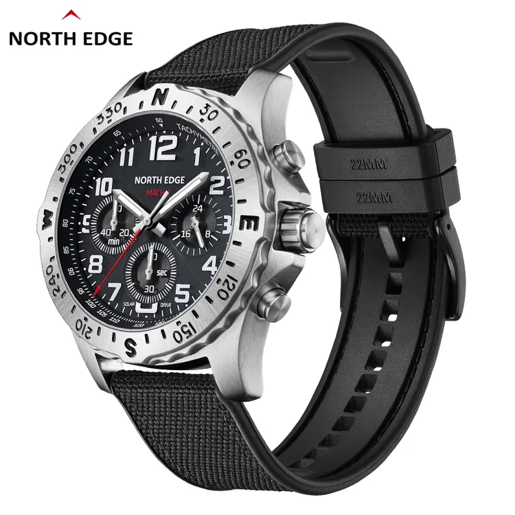 NORTH EDGE时尚男士智能太阳能手表50米防水不锈钢手表商务手表