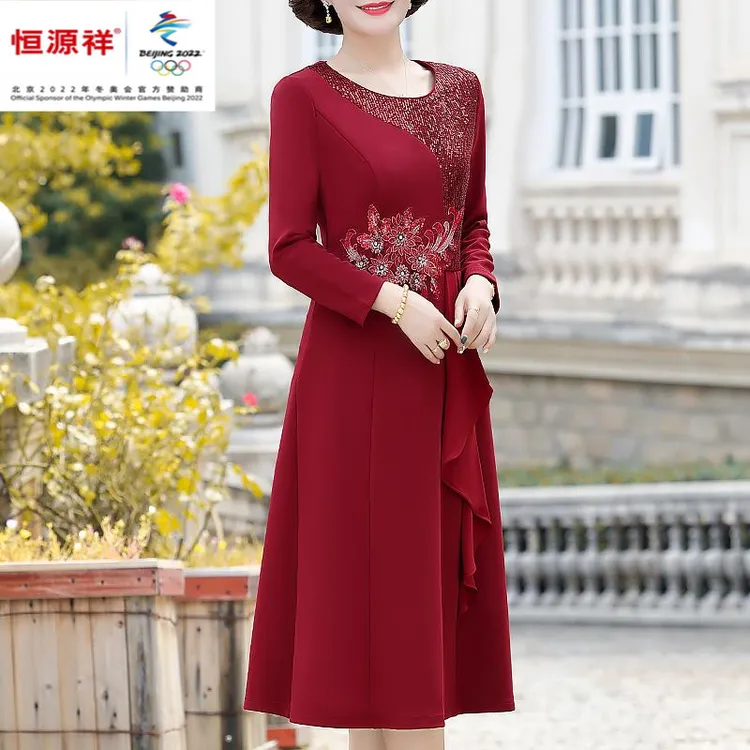 恒源祥彩羊妈妈秋装连衣裙2025新款喜婆婆婚宴装中老年人女春秋