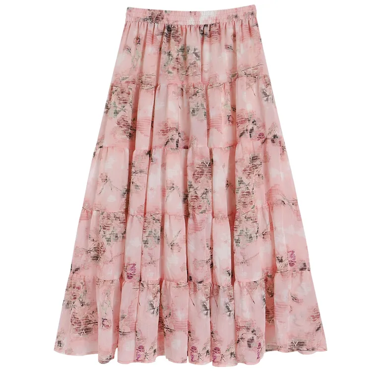 清仓繁花伴春粉色花半裙玫瑰印花高腰时尚百搭复古春夏显瘦大裙摆